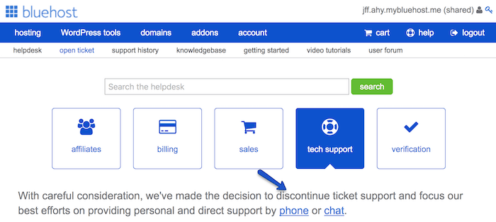 bluehost support section