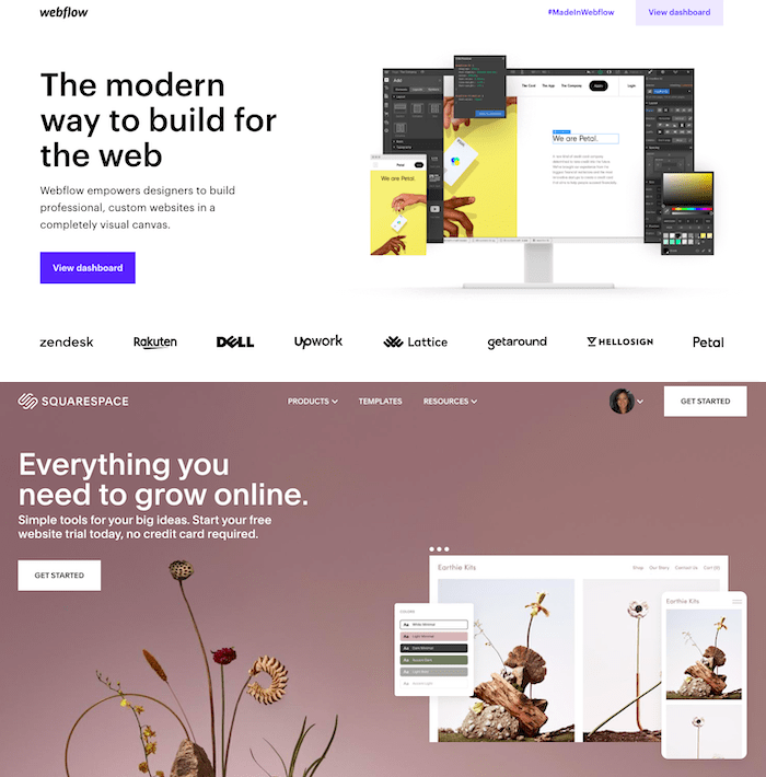 webflow vs squarespace homepages