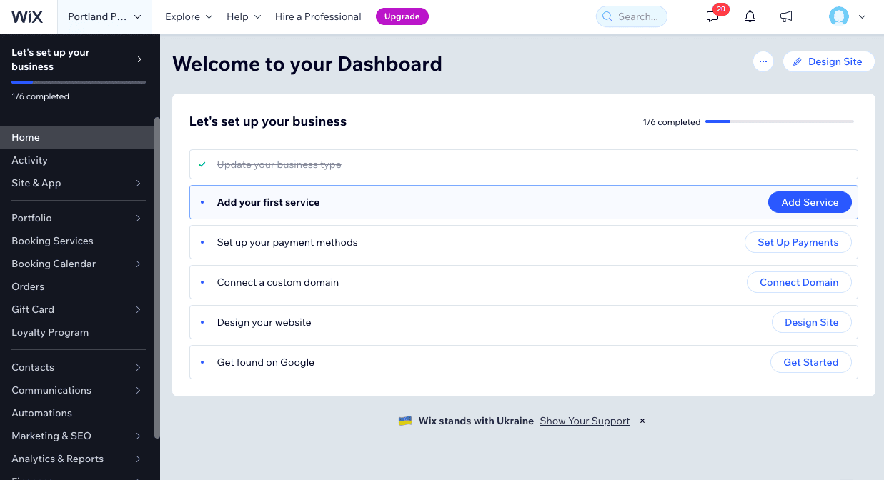 wix tutorial - dashboard